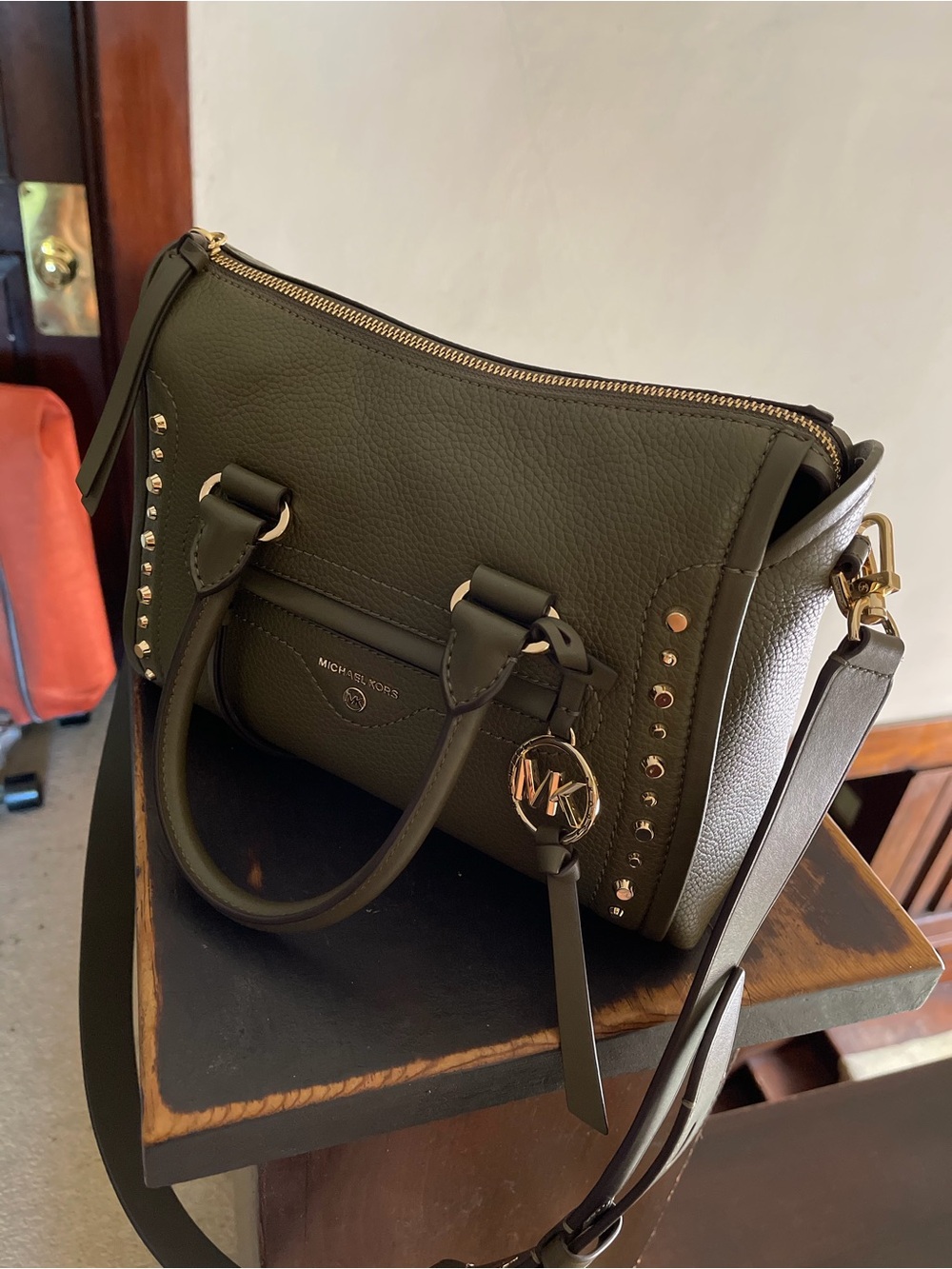 Michael Kors Olive Green Pebbled Leather Satchel with Gold Accents